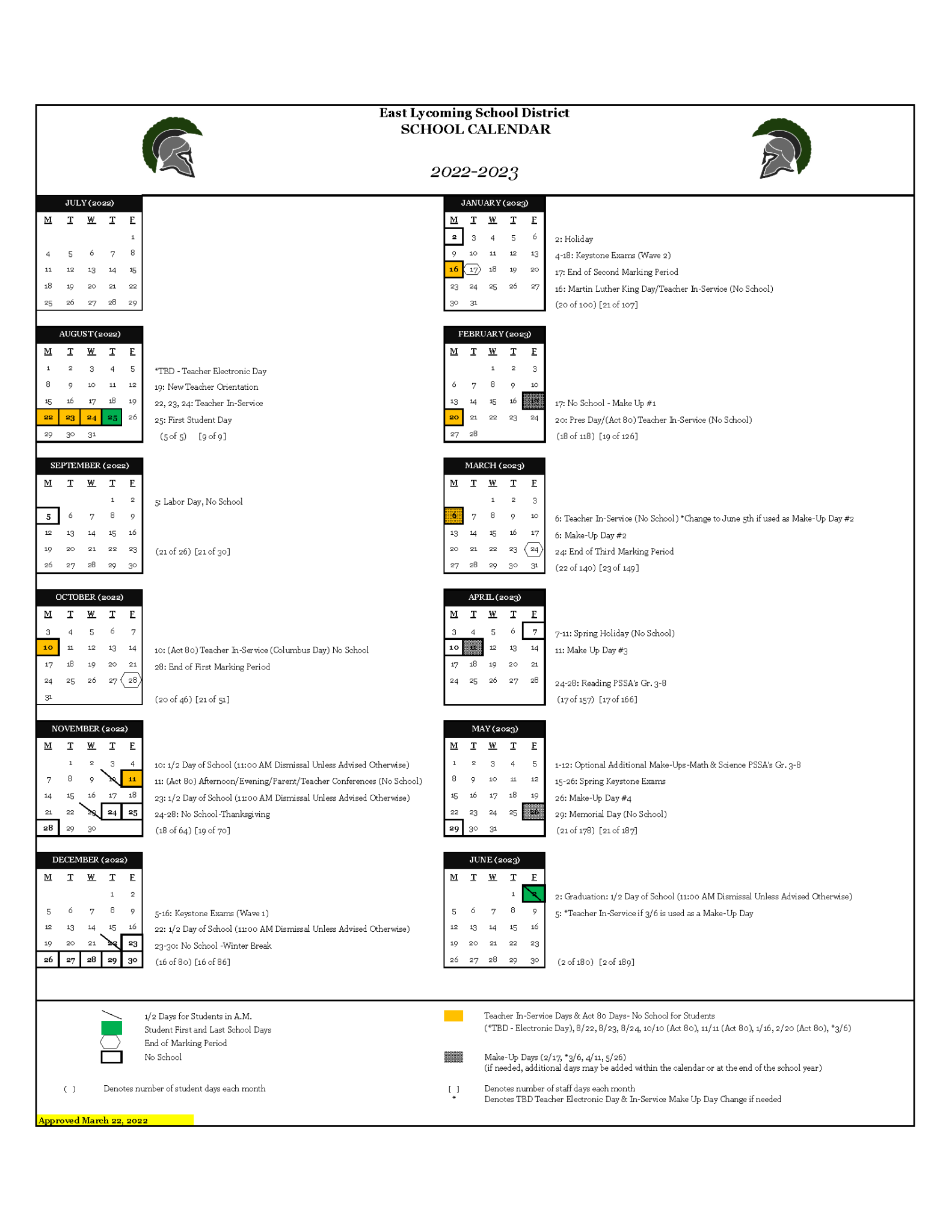 School Year Calendar East School District